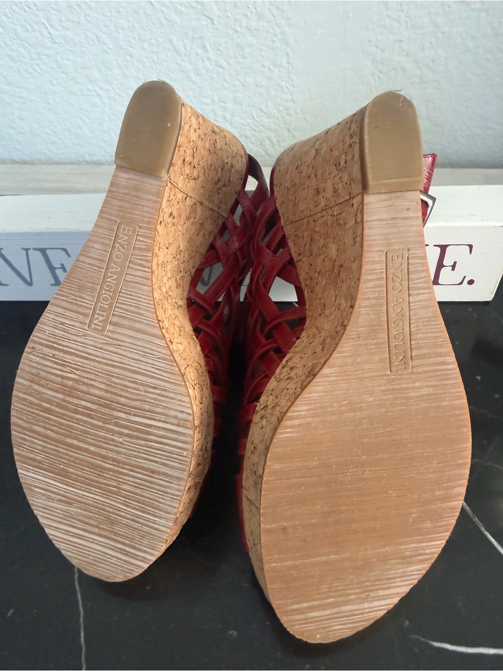 Enzo Angiolini "Vanida" Red Leather Woven Strappy Cork Wedge Sandals - Picture 6 of 9